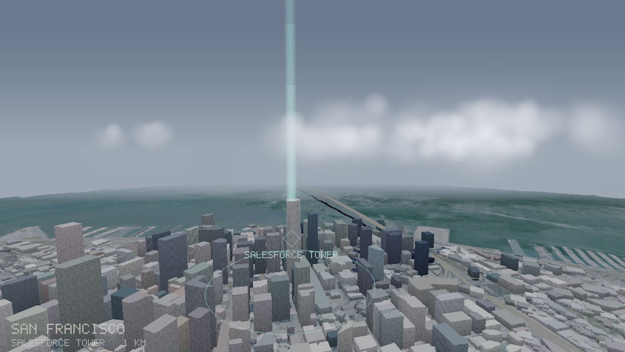 Flying over downtown San Francisco in FLYBY, the Bay Bridge running out across the water behind it