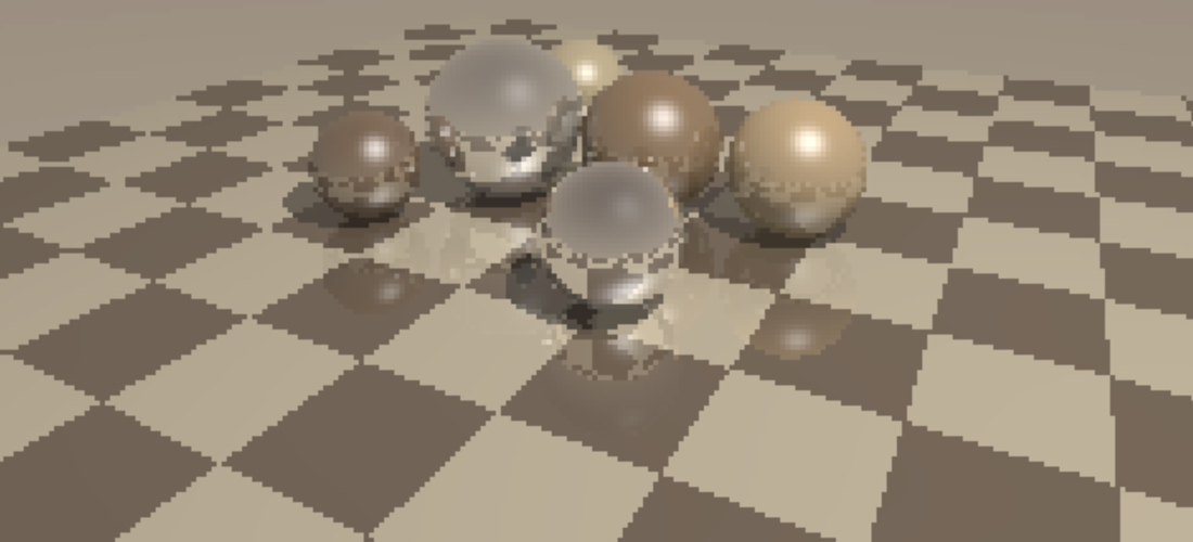 Chrome and coloured spheres reflecting each other on a checkerboard floor