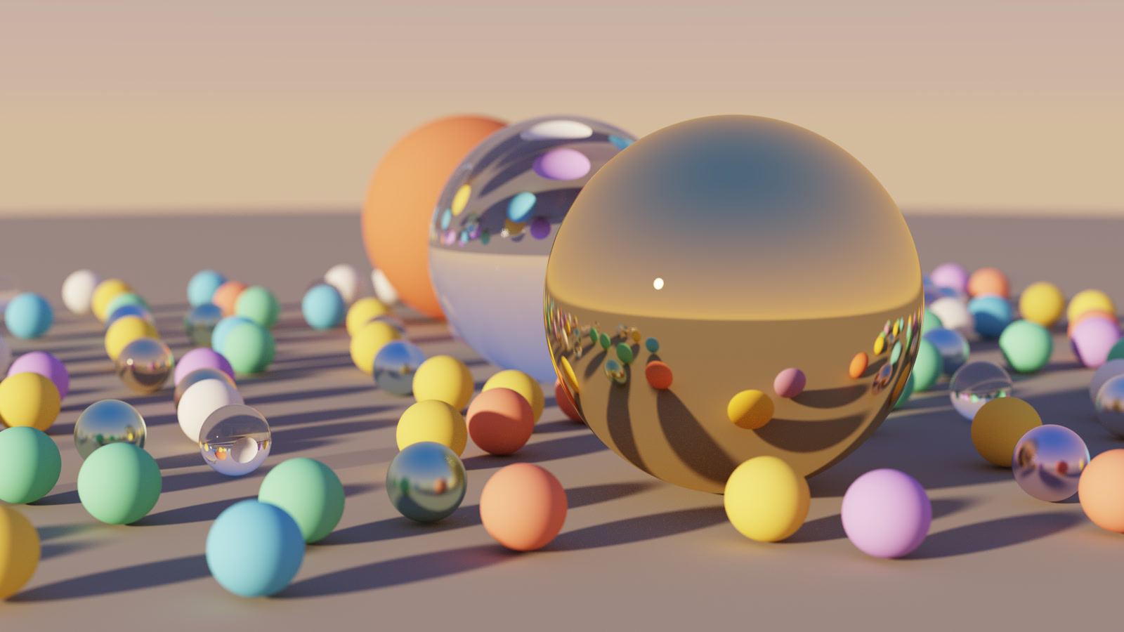 Glass, gold and coloured spheres on a plain at golden hour, long soft shadows and reflections, rendered by the Milo path tracer